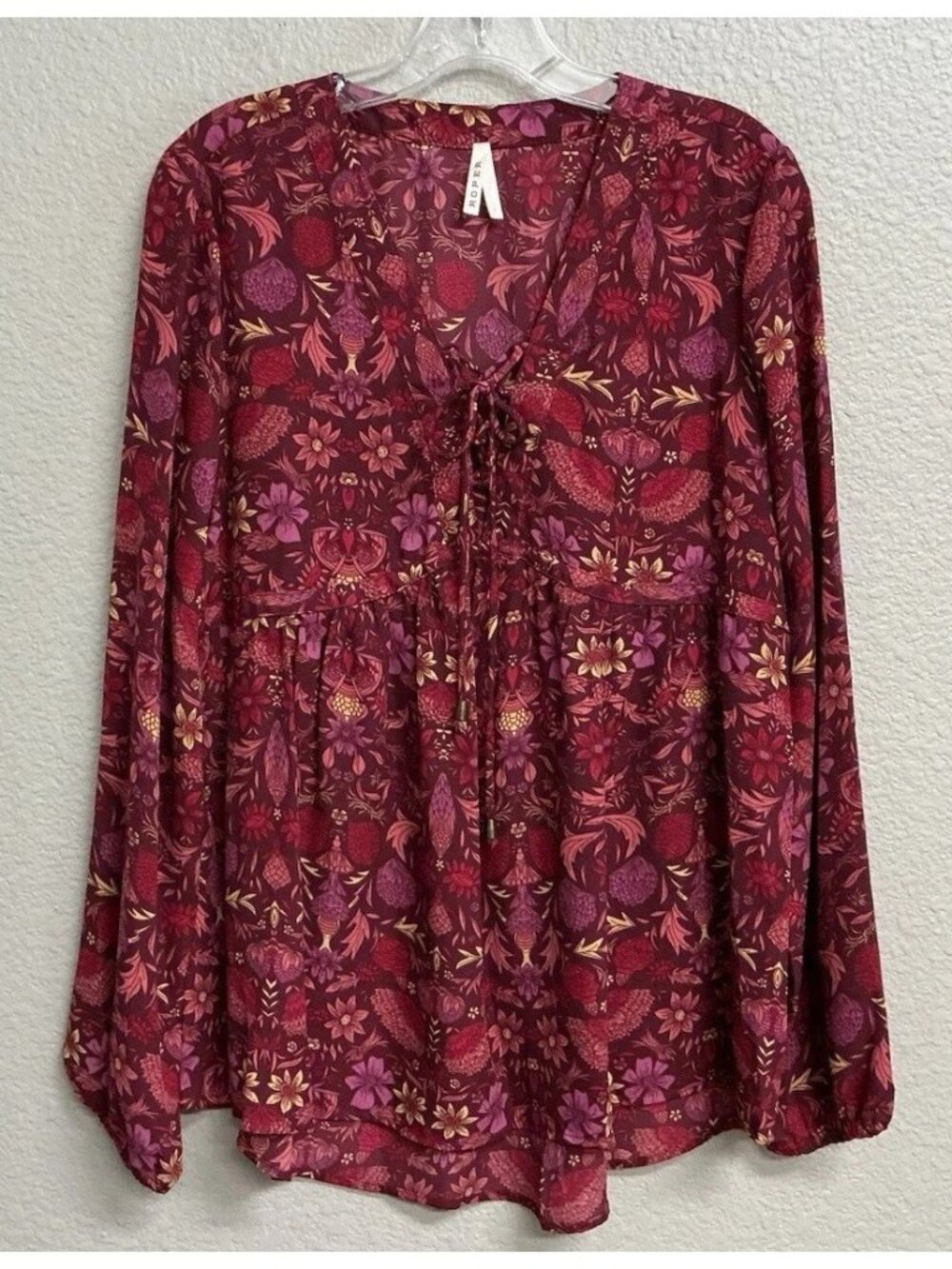 Roper Top Womens Large Burgundy Floral Long Sleeve Boho Peasant Blouse Tie Front
